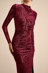 Neilina Burgundy Velvet Jacquard Mock Neck Maxi Dress