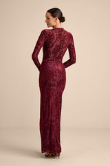 Neilina Burgundy Velvet Jacquard Mock Neck Maxi Dress
