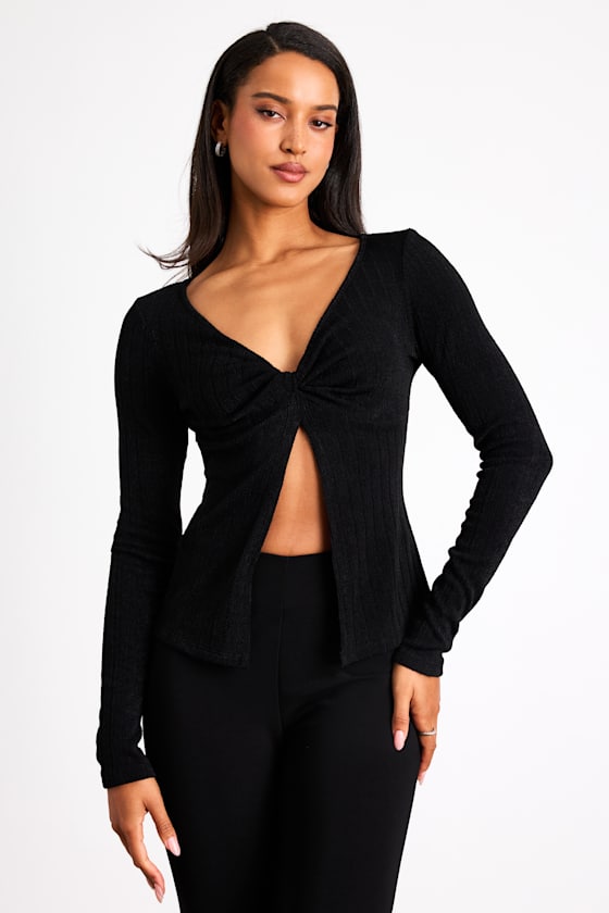 Myron Black Ribbed Knit Twist-Front Long Sleeve Top