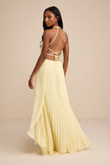 Dorala Light Yellow Pleated Lace-Up Tiered Maxi Dress