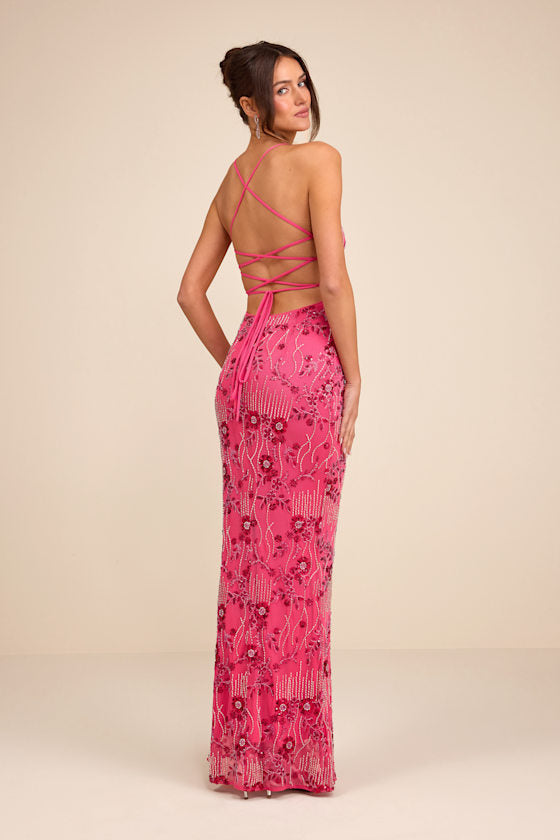 Arella Hot Pink Beaded Sequin Laxe-Up Maxi Dress