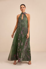 Calixta Green Abstract Chiffon Sash Shift Maxi Dress