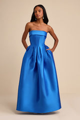 Novalie Blue Taffeta Pleated Strapless A-Line Maxi Dress