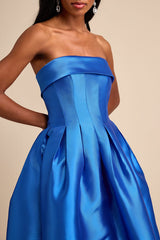 Novalie Blue Taffeta Pleated Strapless A-Line Maxi Dress
