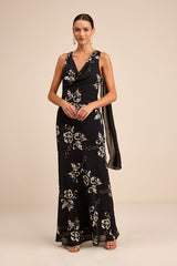 Sidonia Black and Gold Floral Cowl Sash Maxi Dress