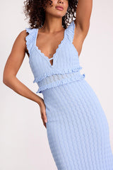 Faylis Light Blue Crochet Ruffled Lace-Up Midi Dress
