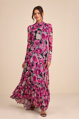 Emilina Black and Magenta Floral Mock Neck Maxi Dress