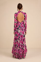Emilina Black and Magenta Floral Mock Neck Maxi Dress