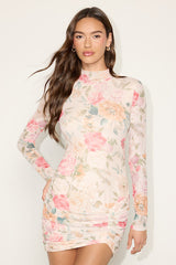 Prettiest Energy Ivory Multi Floral Mesh Long Sleeve Mini Dress