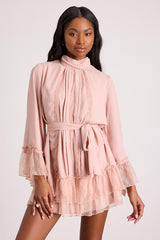 Sidonie Blush Pink Lace Bell Sleeve Mini Dress