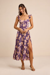Sweet Like Sangria Purple Floral Ruffled Bustier Midi Dress