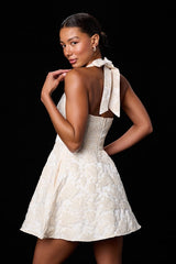 Dina Ivory Floral Jacquard Halter Mini Dress