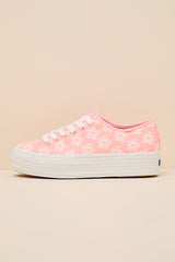 Triple Up Neon Coral Floral Embroidered Platform Sneakers