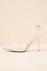 Selma White Embroidered Pointed-Toe Ankle Strap Pumps
