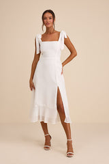 Summer Invite White Tie-Strap Tiered Midi Dress