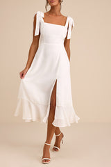 Summer Invite White Tie-Strap Tiered Midi Dress