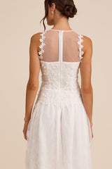 Bina White Embroidered Sleeveless Midi Dress