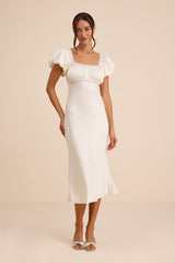 Catherine Ivory Satin Puff Sleeve Slip Midi Dress
