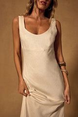 Catia Light Beige Linen Scoop Neck Midi Dress