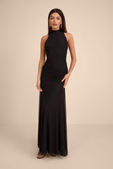 Alma Black Mesh Mock Neck Ruched Maxi Dress