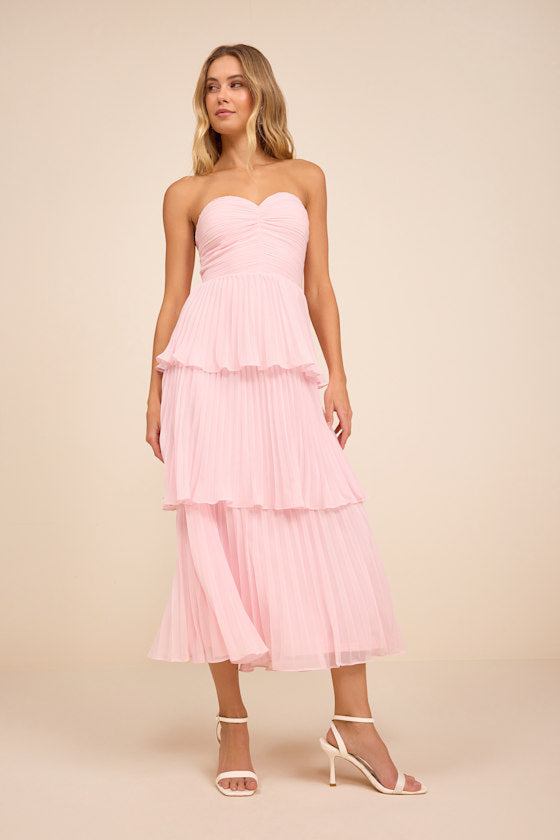 Seriously Sensational Blush Pink Strapless Tiered Midi Dress