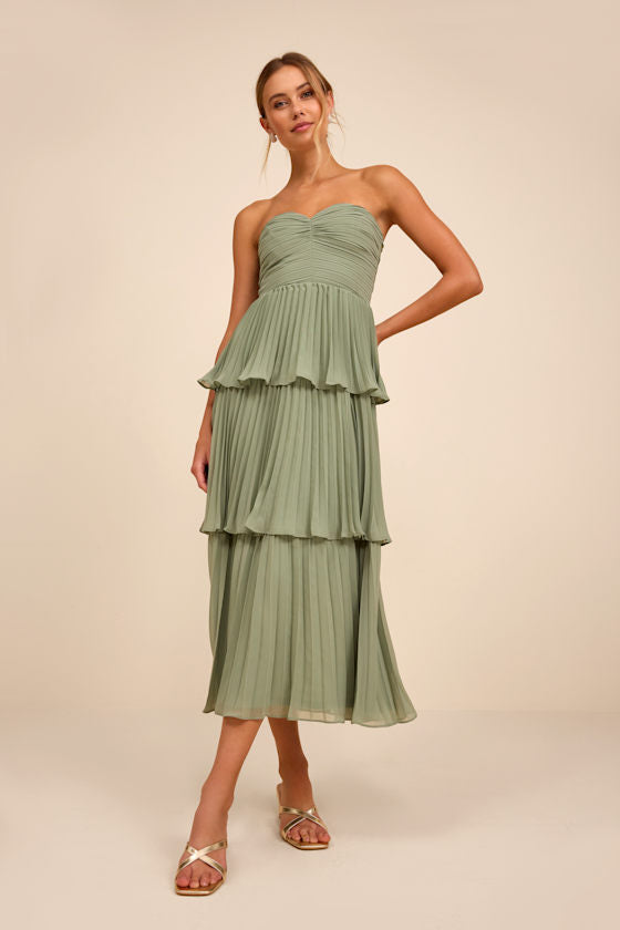 Seriously Sensational Sage Strapless Tiered Midi Dress
