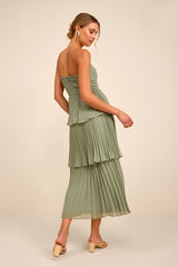 Seriously Sensational Sage Strapless Tiered Midi Dress