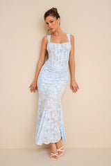 Celeste Light Blue Floral Burnout Bustier Maxi Dress