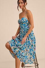 Aleyna Blue Multi Abstract Pleated Lace-Up Bustier Midi Dress