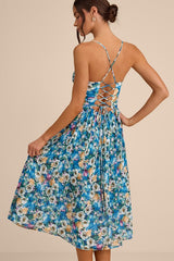 Aleyna Blue Multi Abstract Pleated Lace-Up Bustier Midi Dress