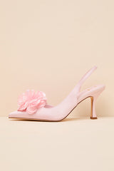 Courtney Pink Satin Floral Applique Slingback Pumps