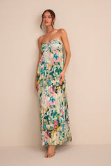 Whimsical Beauty Multi Floral Satin Plisse Strapless Maxi Dress