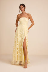 Rare Presence Light Yellow 3D Floral Embroidered Maxi Dress