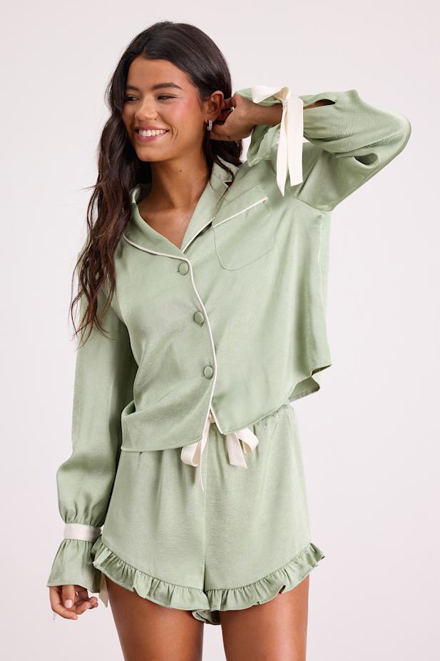 Kelda Sage Green Satin Ruffled Two-Piece Pajama Set