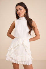 Alvana White Plisse Mock Neck Ruffled Mini Dress