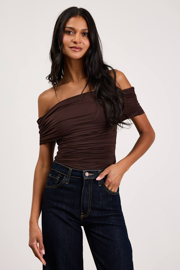 Jarena Dark Brown Ruched Off-the-Shoulder Top