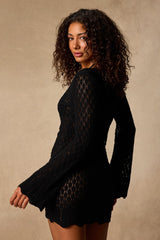 Seadrift Black Crochet Knit Ruched Mini Swim Cover-Up