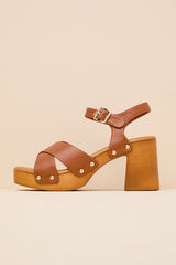 Yanni Tan Wooden Platform Ankle Strap Sandals