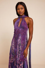 Calixta Purple Abstract Chiffon Sash Shift Maxi Dress