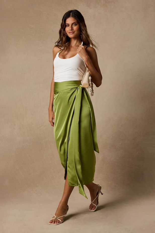 Take A Walk With Me Green Satin Wrap Midi Skirt