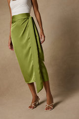 Take A Walk With Me Green Satin Wrap Midi Skirt