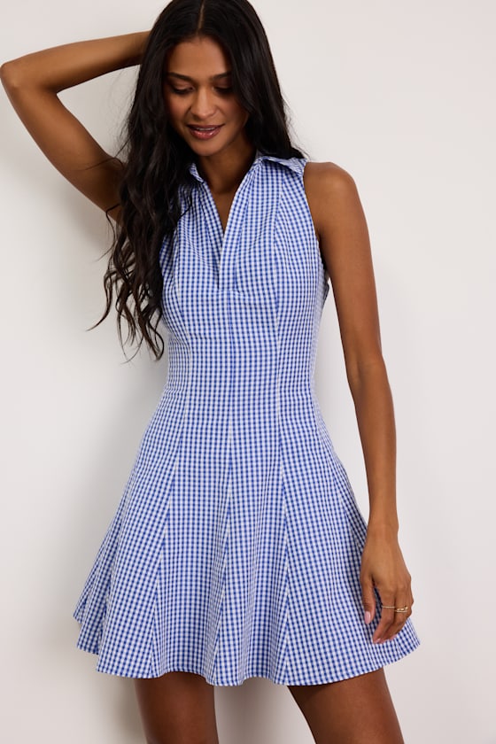 Zenley Blue Gingham Collared Skater Mini Dress