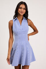 Zenley Blue Gingham Collared Skater Mini Dress