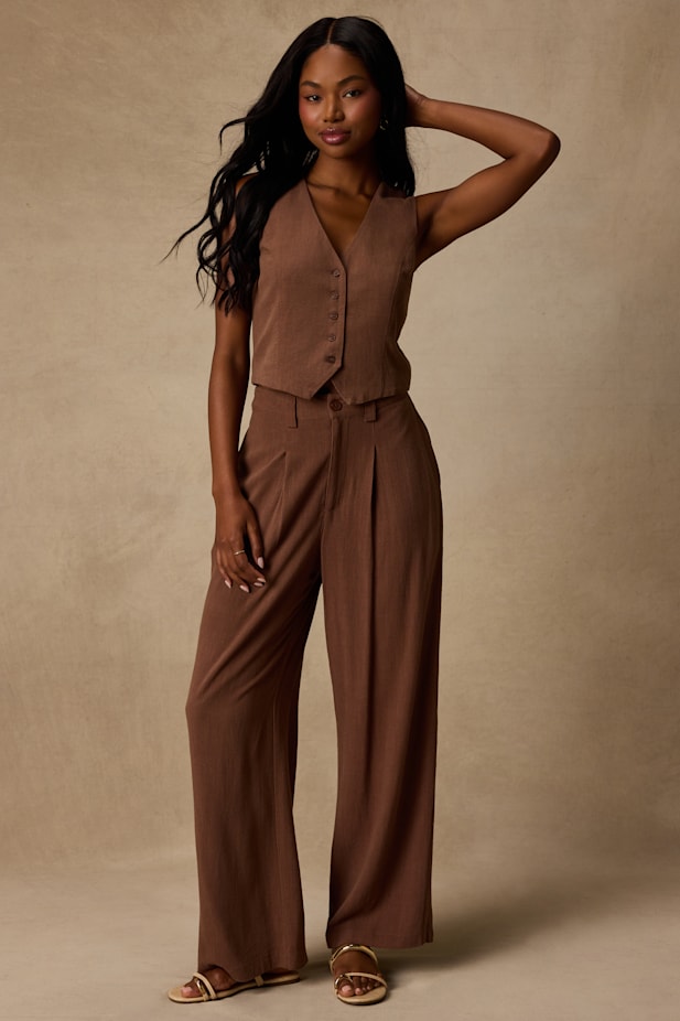 Suits You Perfectly Brown Linen Wide-Leg Pants