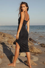 Basic Bae Washed Black Ribbed Bodycon Midi Dress