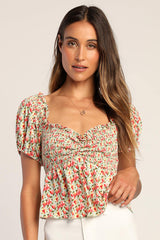 Such A Flirt Sage Floral Smocked Peplum Short Sleeve Top