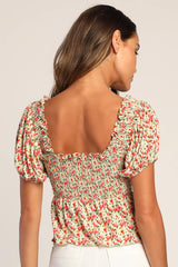 Such A Flirt Sage Floral Smocked Peplum Short Sleeve Top