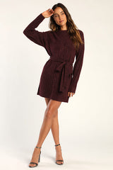 Wishing on Winter Burgundy Cable Knit Mini Sweater Dress