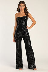 Flirty Moves Black Sequin Strapless Wide-Leg Jumpsuit