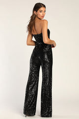 Flirty Moves Black Sequin Strapless Wide-Leg Jumpsuit